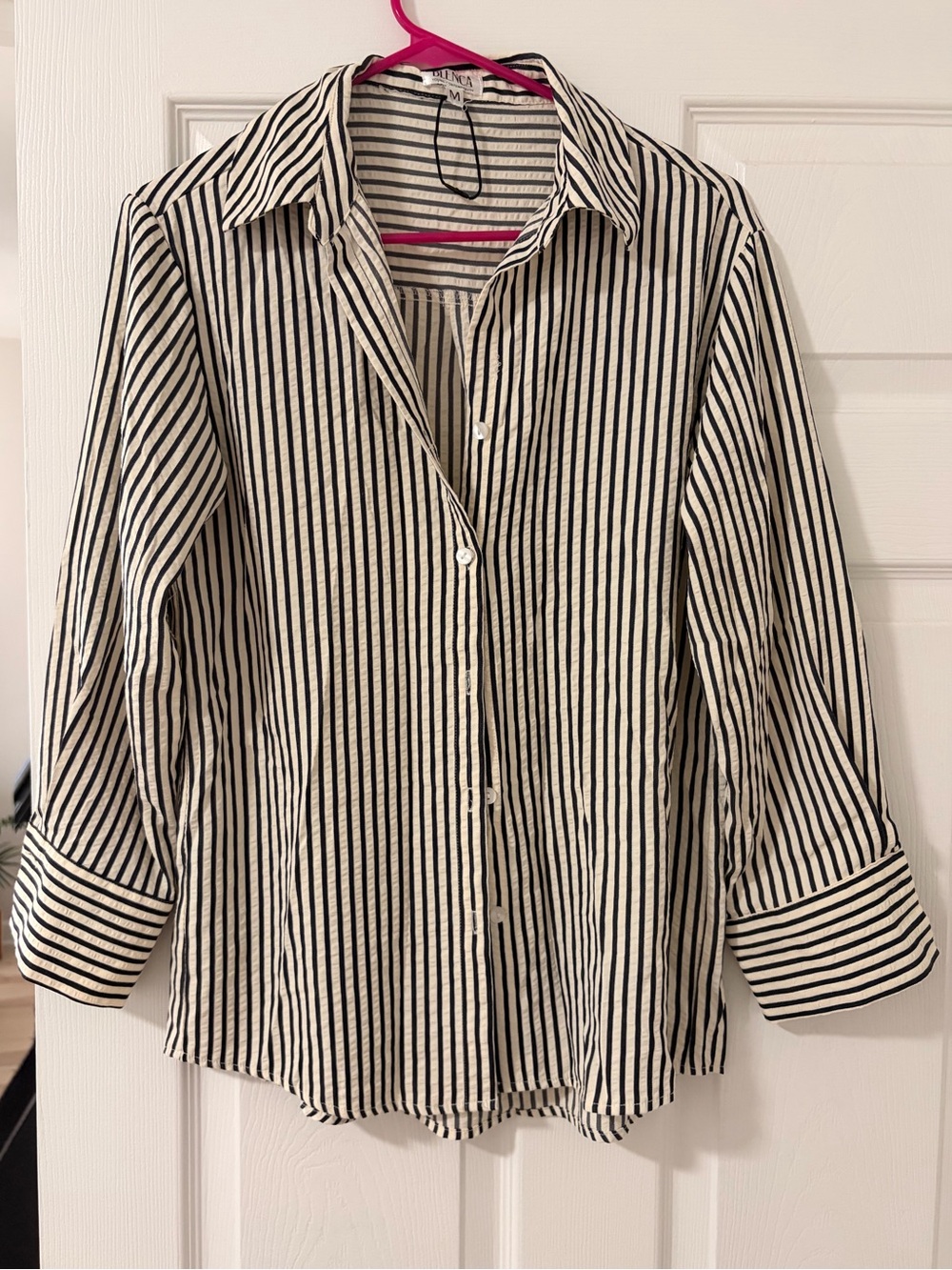 BLENCA Young Contemporary Black & Cream Textured Striped Button-Front Shirt